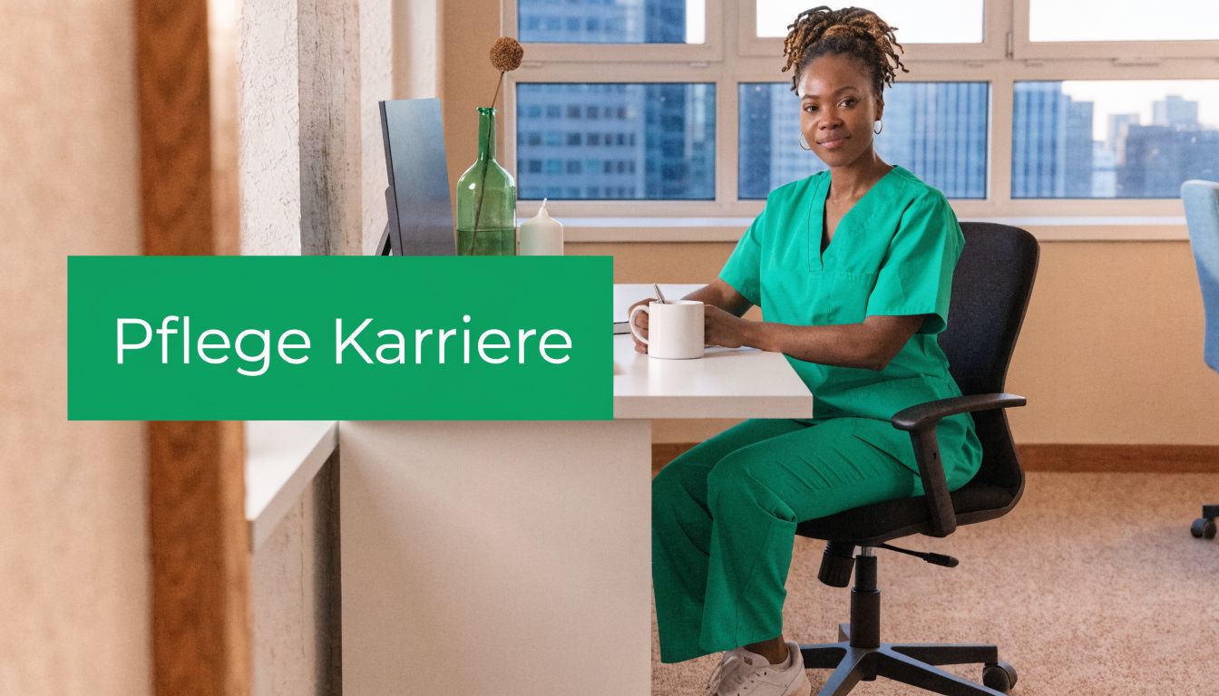 Eine professionelle Pflegekraft in grüner Arbeitskleidung sitzt an einem Schreibtisch vor einem Laptop in einem modernen Büro.