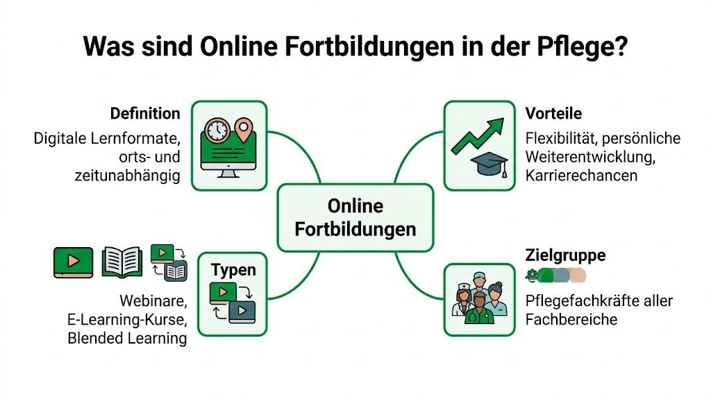 Eine Infografik erklärt Definition, Vorteile, Typen und Zielgruppe von Online-Fortbildungen im Bereich der Pflege.