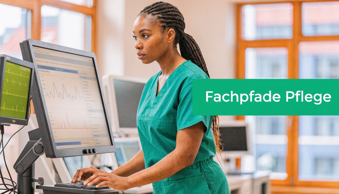 Eine Krankenschwester arbeitet konzentriert an einem medizinischen Überwachungsmonitor in einer Klinik für den Bereich Fachpfade Pflege.