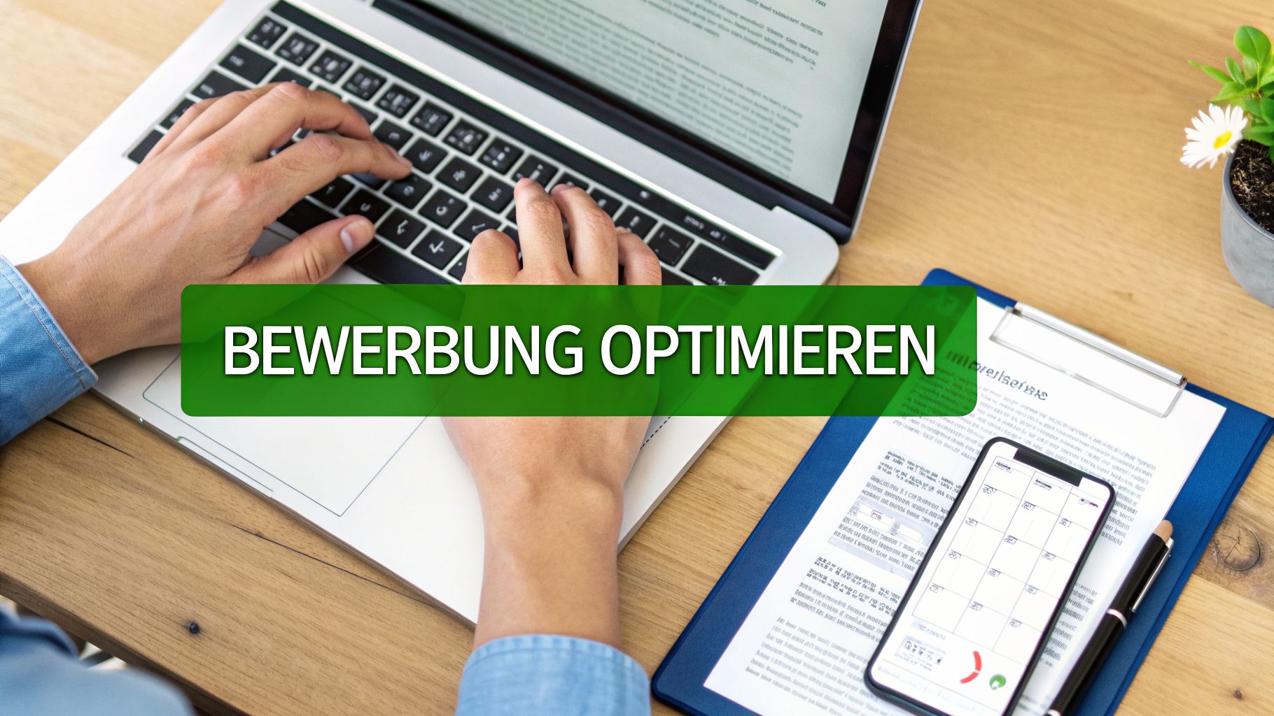 Person tippt auf Laptop, um Bewerbung zu optimieren, mit Dokumenten und Smartphone auf dem Schreibtisch.