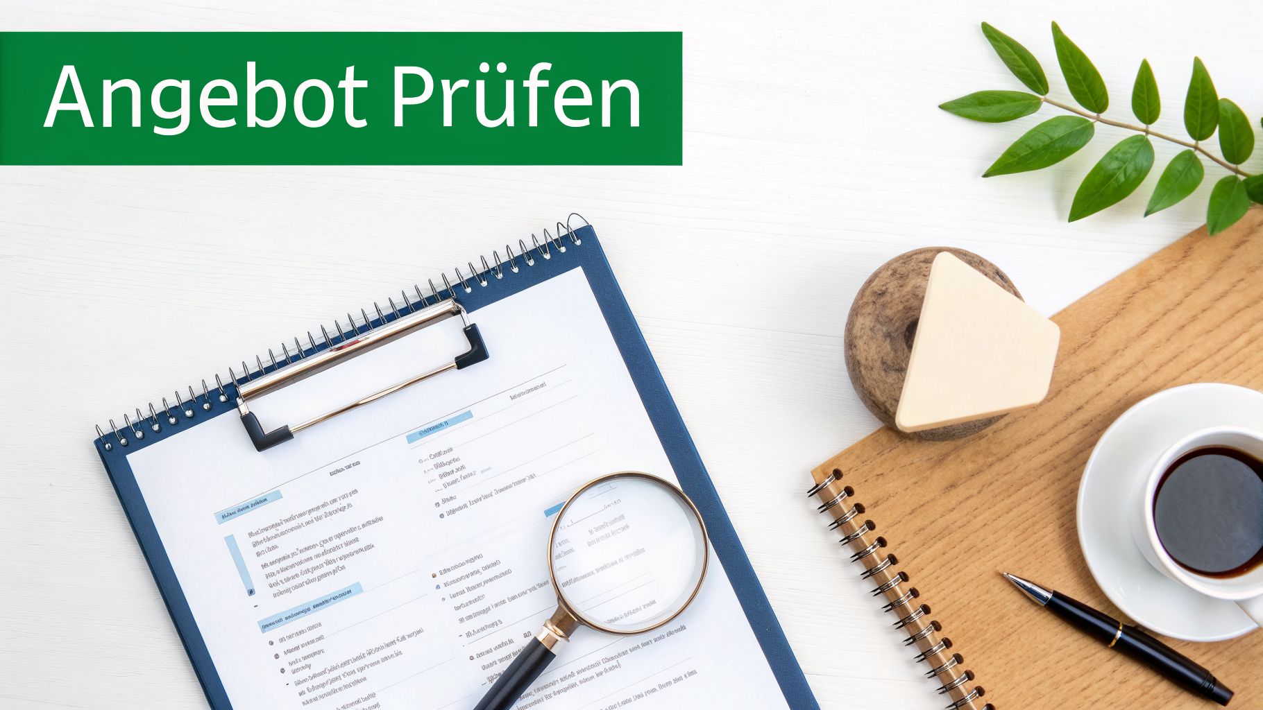 Flache Ansicht eines Schreibtisches mit Klemmbrett, Lupe, Notizbuch, Kaffee und dem Text 'Angebot Prüfen'.