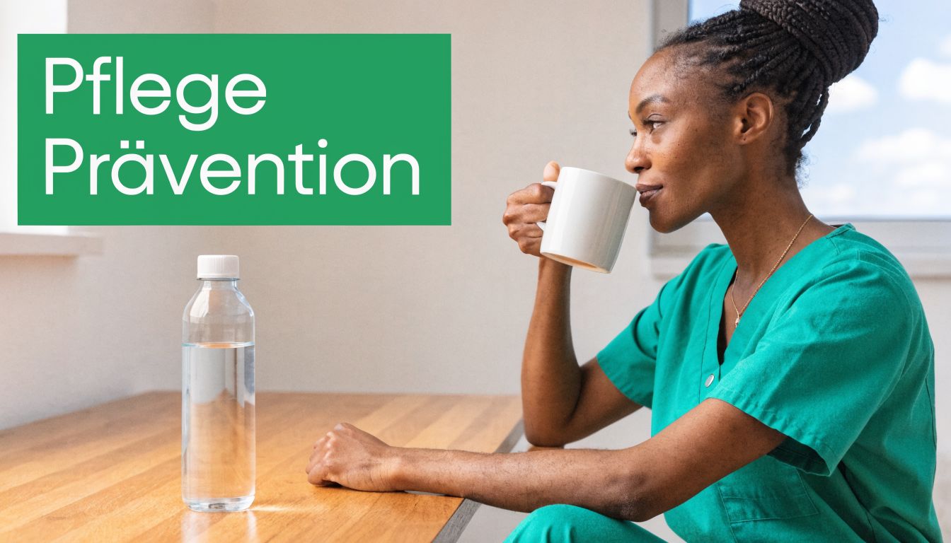 Eine Frau in grüner Arbeitskleidung sitzt am Tisch und trinkt aus einer weißen Tasse neben einer Wasserflasche.