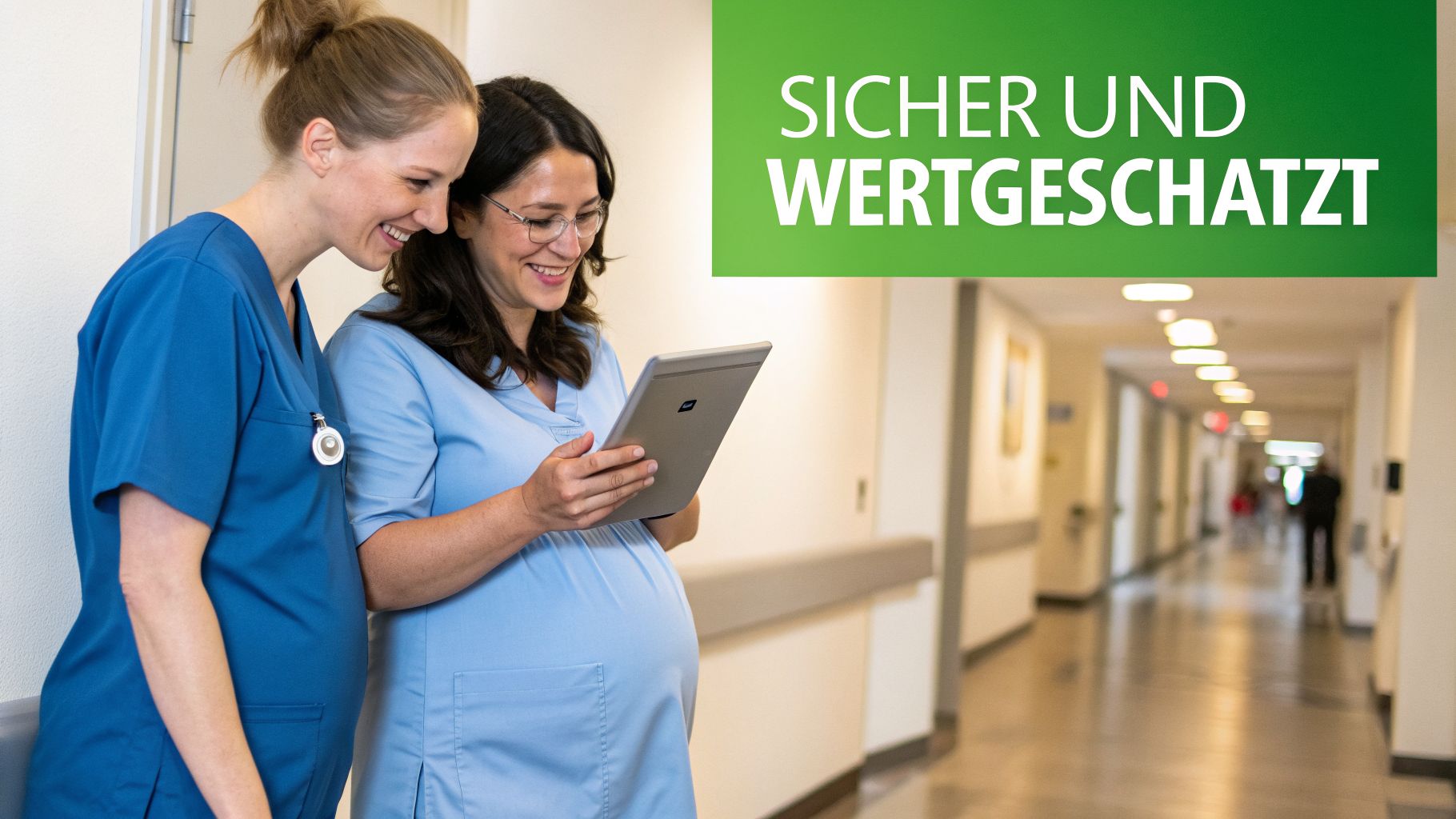 Zwei lächelnde, schwangere Mitarbeiterinnen im Gesundheitswesen schauen auf ein Tablet im Krankenhausflur, mit dem Text 'Sicher und Wertgeschätzt'.