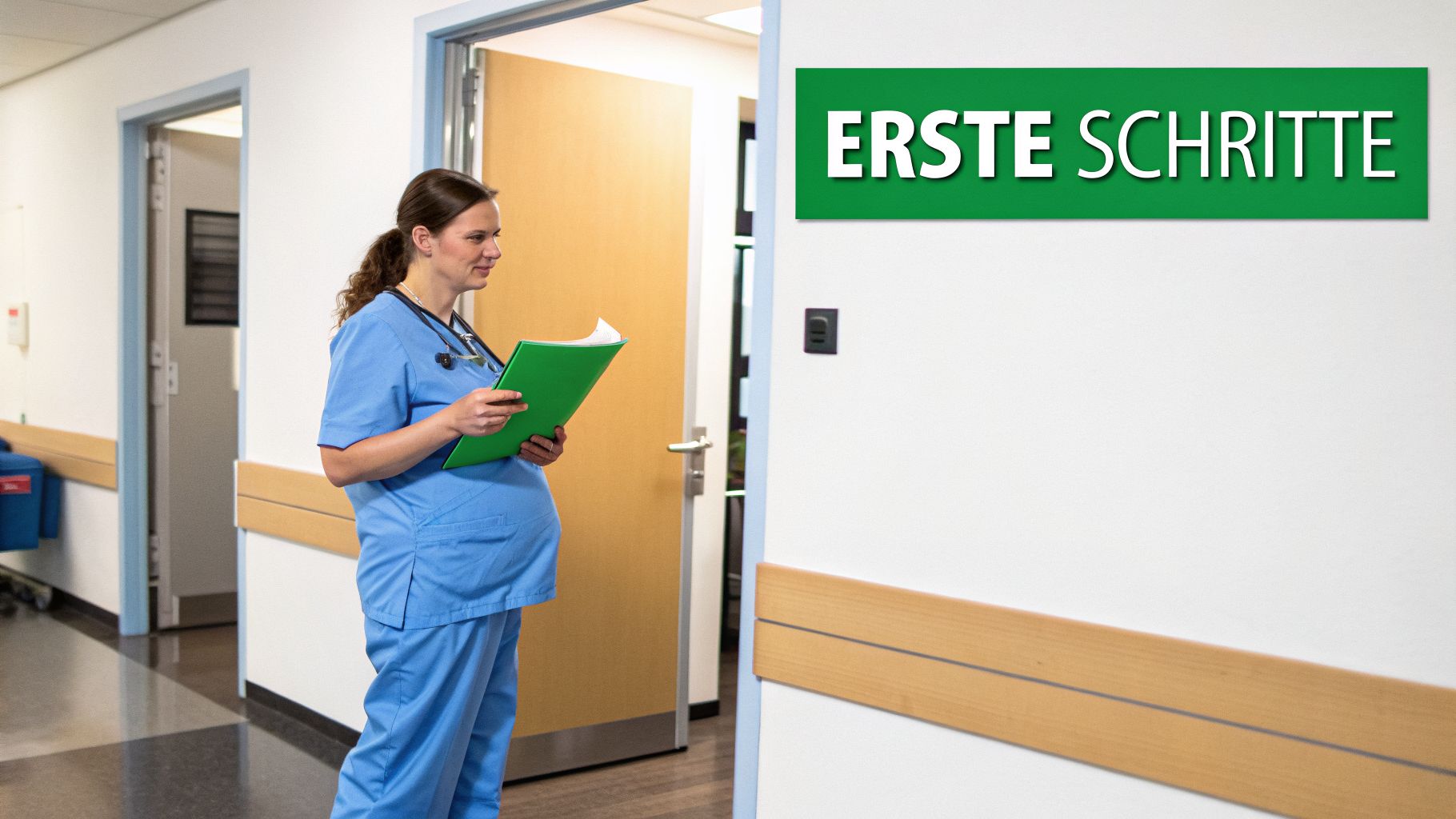 Eine lächelnde schwangere Krankenschwester steht in einem Krankenhausflur und hält eine grüne Mappe. Ein Schild mit der Aufschrift "ERSTE SCHRITTE" hängt an der Wand.