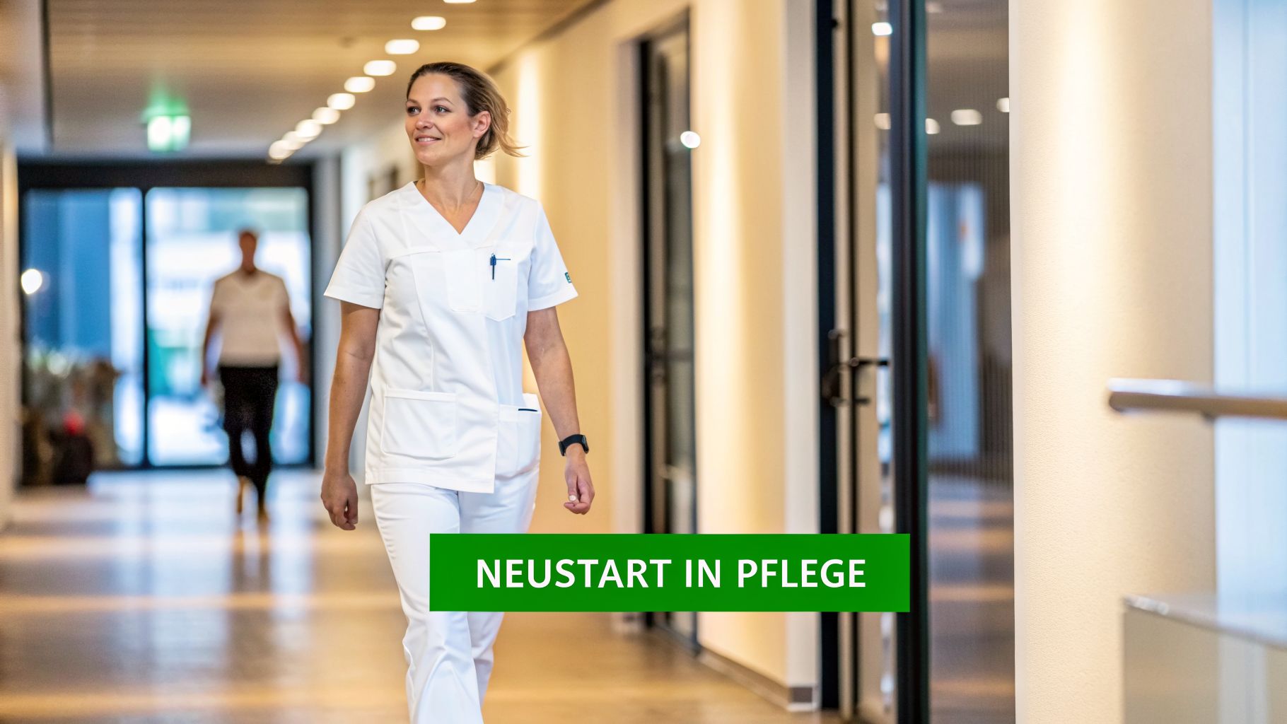 Lächelnde Pflegefachkraft in weißer Uniform geht durch einen hellen Flur unter dem Banner "NEUSTART IN PFLEGE".