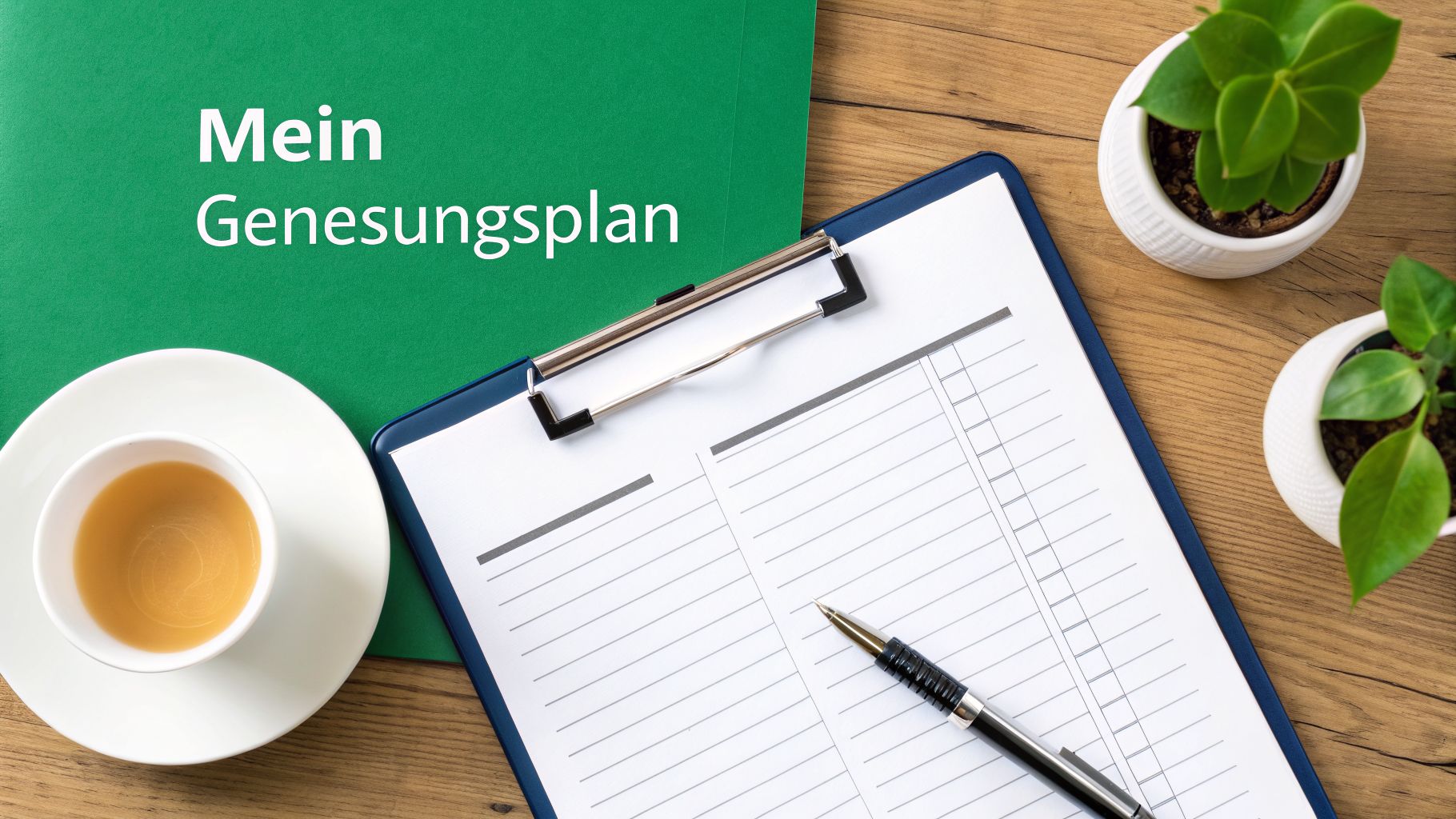 Ein grüner Ordner mit der Aufschrift 'Mein Genesungsplan' liegt auf einem Holztisch, daneben ein Klemmbrett, Stift, Tasse und Pflanzen.