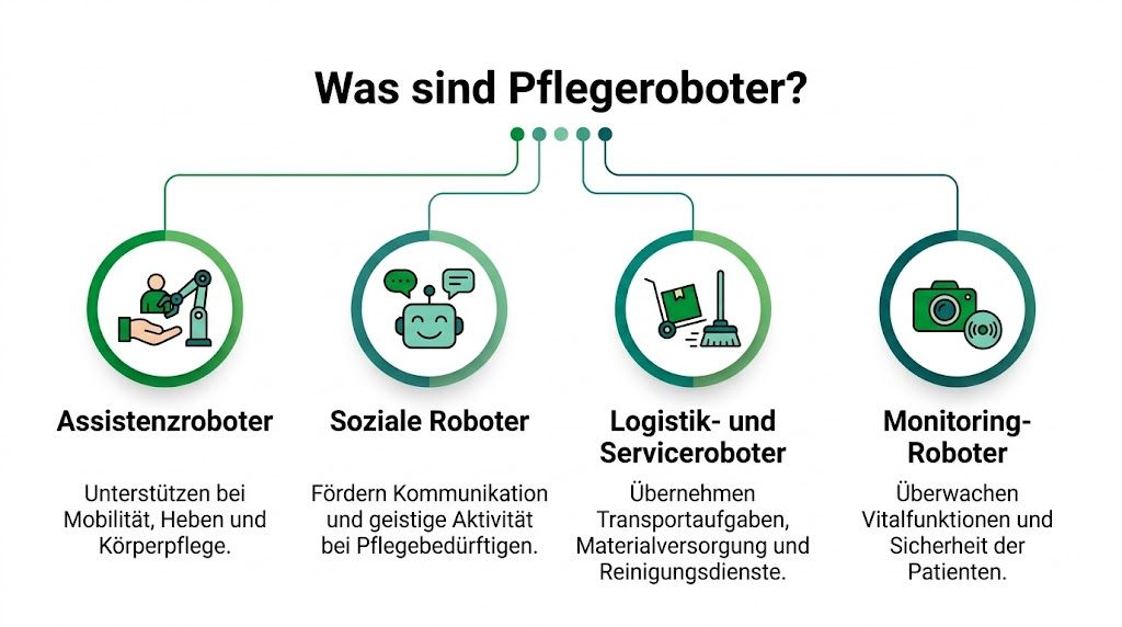 Eine Infografik zeigt die vier Hauptkategorien von Pflegerobotern inklusive ihrer spezifischen Aufgabenbereiche in der modernen Pflege.