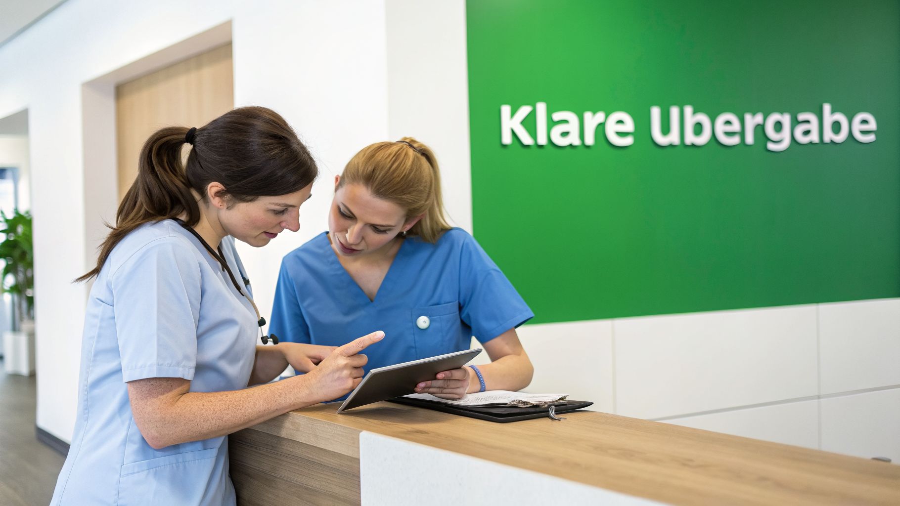 Zwei Krankenschwestern in Arbeitskleidung besprechen Patienteninformationen an einem Tresen, während eine von ihnen auf ein Tablet zeigt.