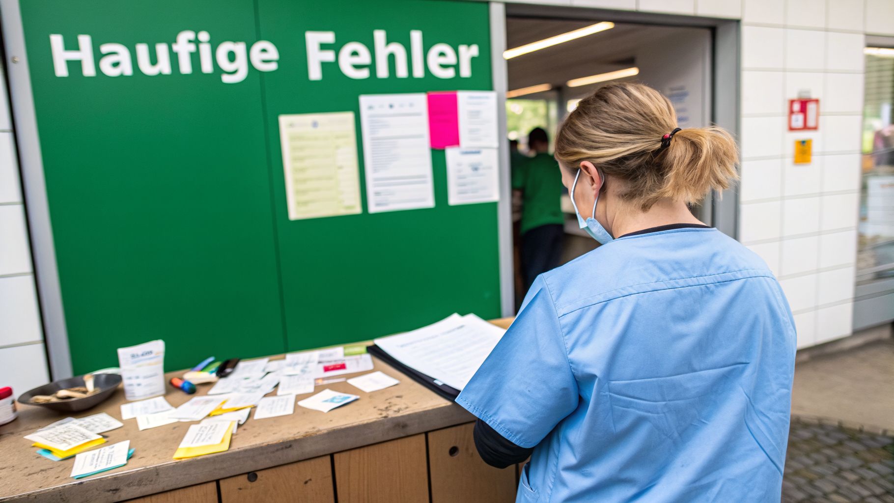 Pflegekraft in blauer Arbeitskleidung und Maske betrachtet Dokumente an einem Schreibtisch mit grüner Tafel.