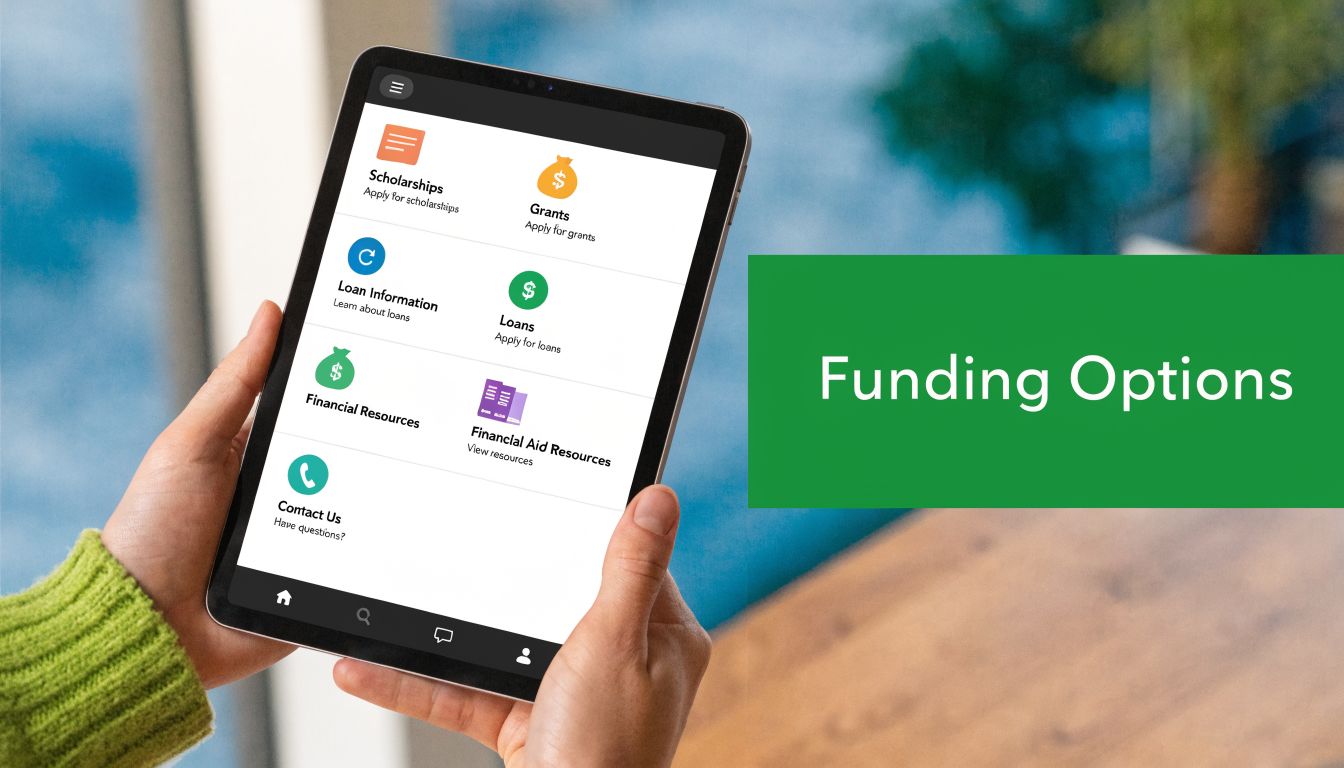 Ein Tablet in den Händen einer Person zeigt verschiedene Finanzierungsmöglichkeiten für ein Studium in einer App.