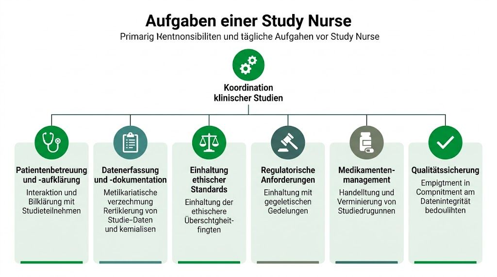 Übersichtsgrafik über die wesentlichen Aufgaben und Verantwortlichkeiten einer Study Nurse in der klinischen Forschung