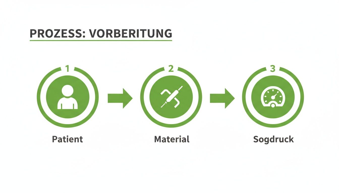 Flussdiagramm zeigt den Vorbereitungsprozess in drei Schritten: Patient, Material und Sogdruck mit Pfeilen.