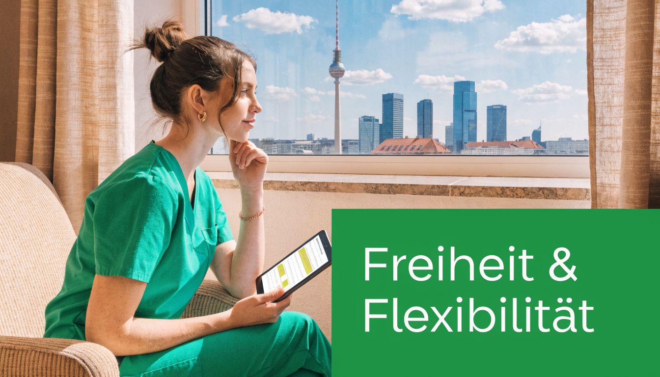 Eine Krankenschwester schaut aus dem Fenster auf die Berliner Skyline und hält ein digitales Tablet in den Händen.