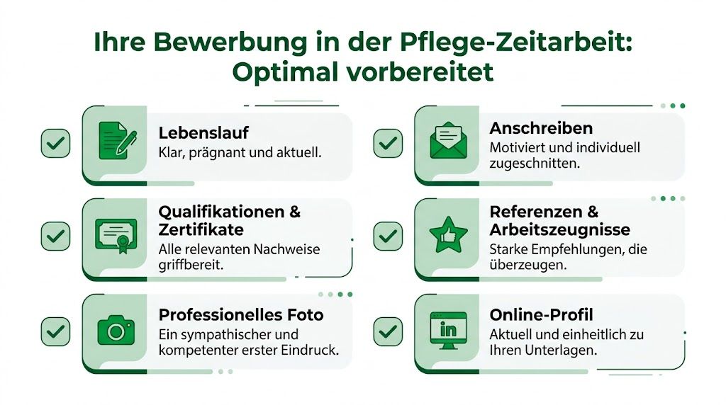 Eine Infografik zur optimalen Vorbereitung einer Bewerbung für Zeitarbeit in der Pflege mit sechs wichtigen Unterlagen.