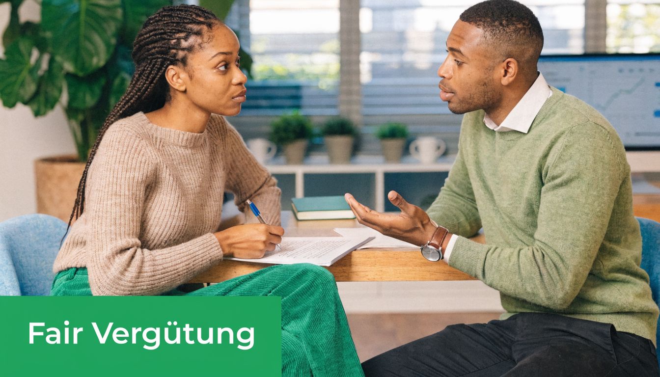 Eine junge Frau und ein Mann führen ein professionelles Beratungsgespräch an einem Tisch in einem modernen Büro.