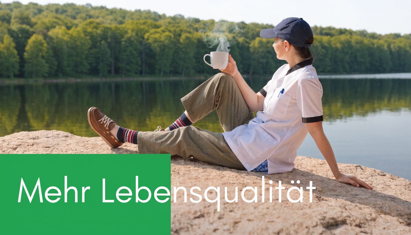 Eine Person in Arbeitskleidung entspannt sich mit einer dampfenden Tasse Kaffee am Seeufer in der Natur.