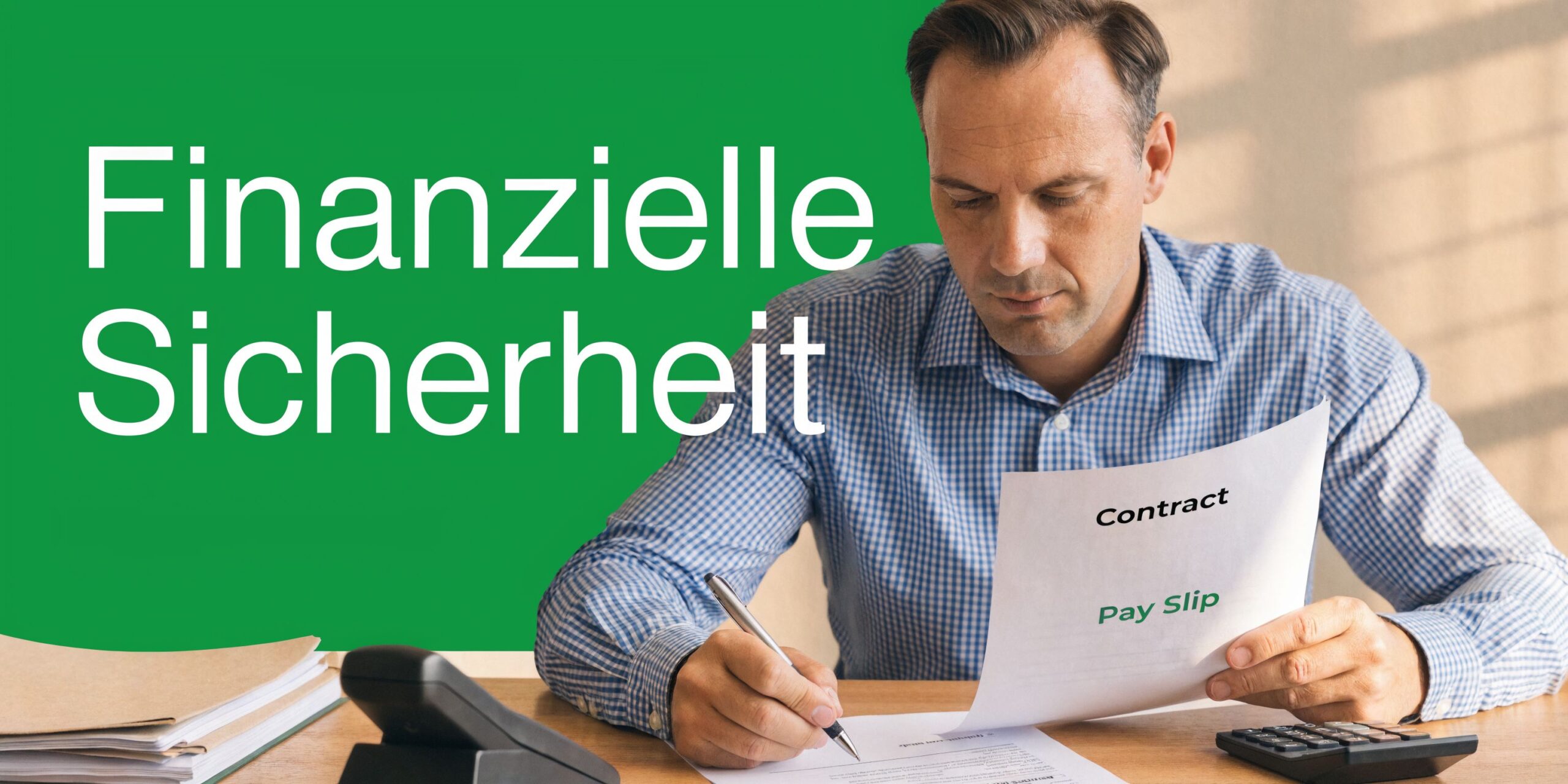 Ein Geschäftsmann unterschreibt an einem Schreibtisch einen Arbeitsvertrag, was finanzielle Sicherheit durch berufliche Stabilität symbolisiert.