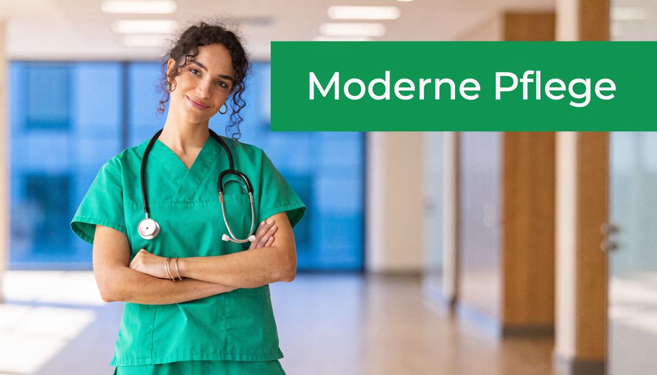 Eine lächelnde Krankenschwester in grüner Arbeitskleidung steht mit verschränkten Armen vor einem modern eingerichteten Krankenhausflur.