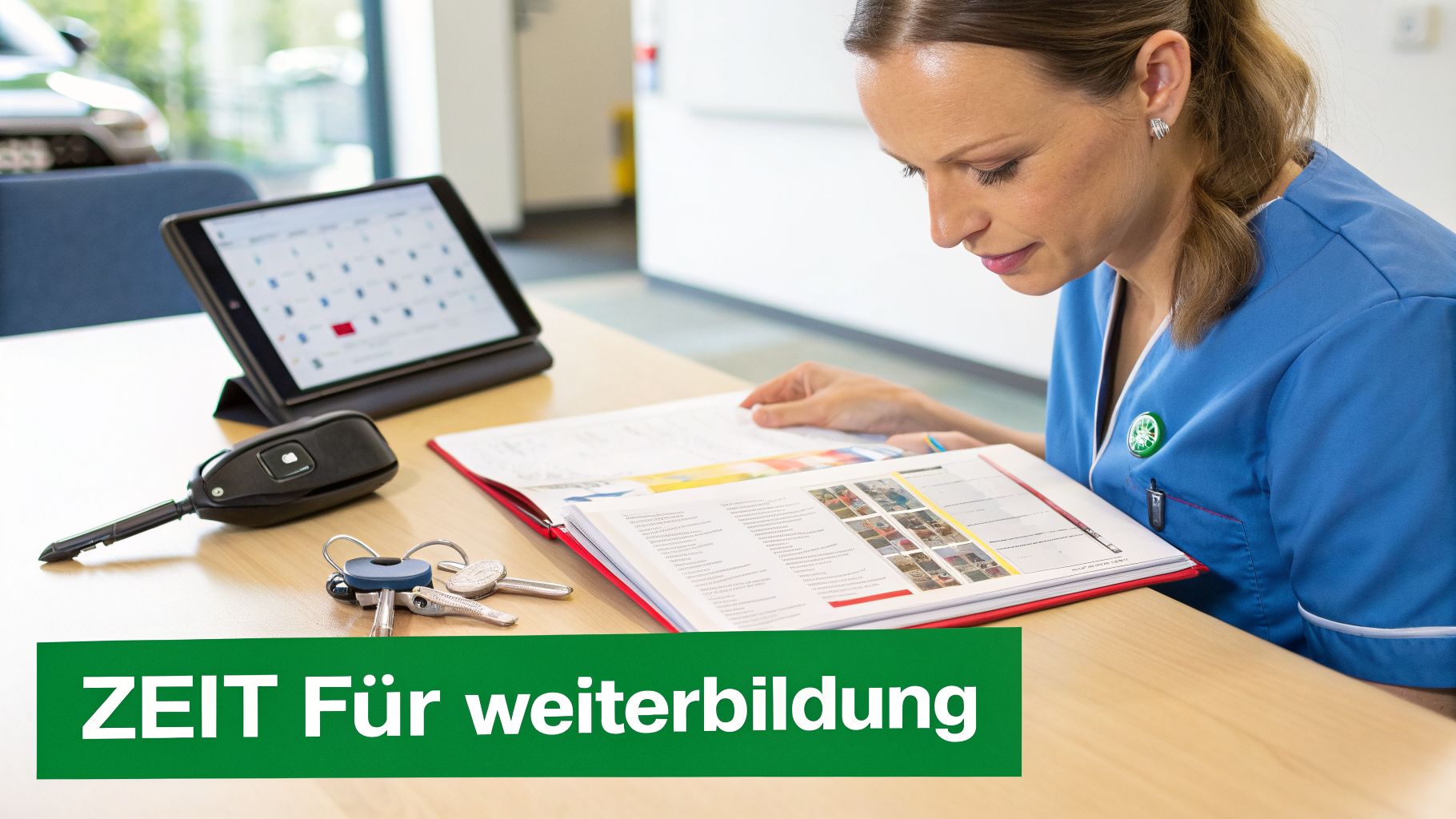 Eine Frau in blauer Arbeitskleidung liest ein Buch auf einem Holztisch, daneben liegen ein Tablet und Autoschlüssel.