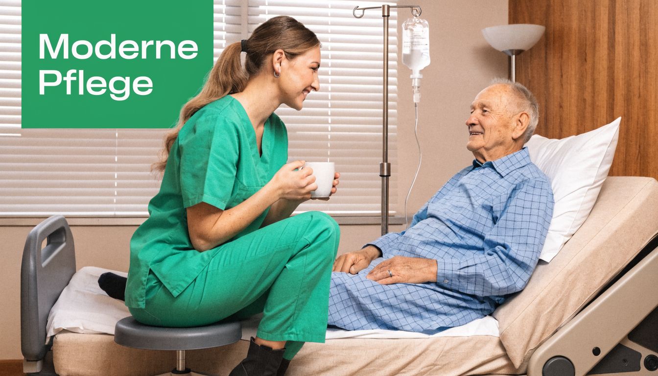 Eine freundliche Pflegekraft unterhält sich lächelnd mit einem älteren Patienten in einem Krankenhausbett bei einer Tasse Kaffee.