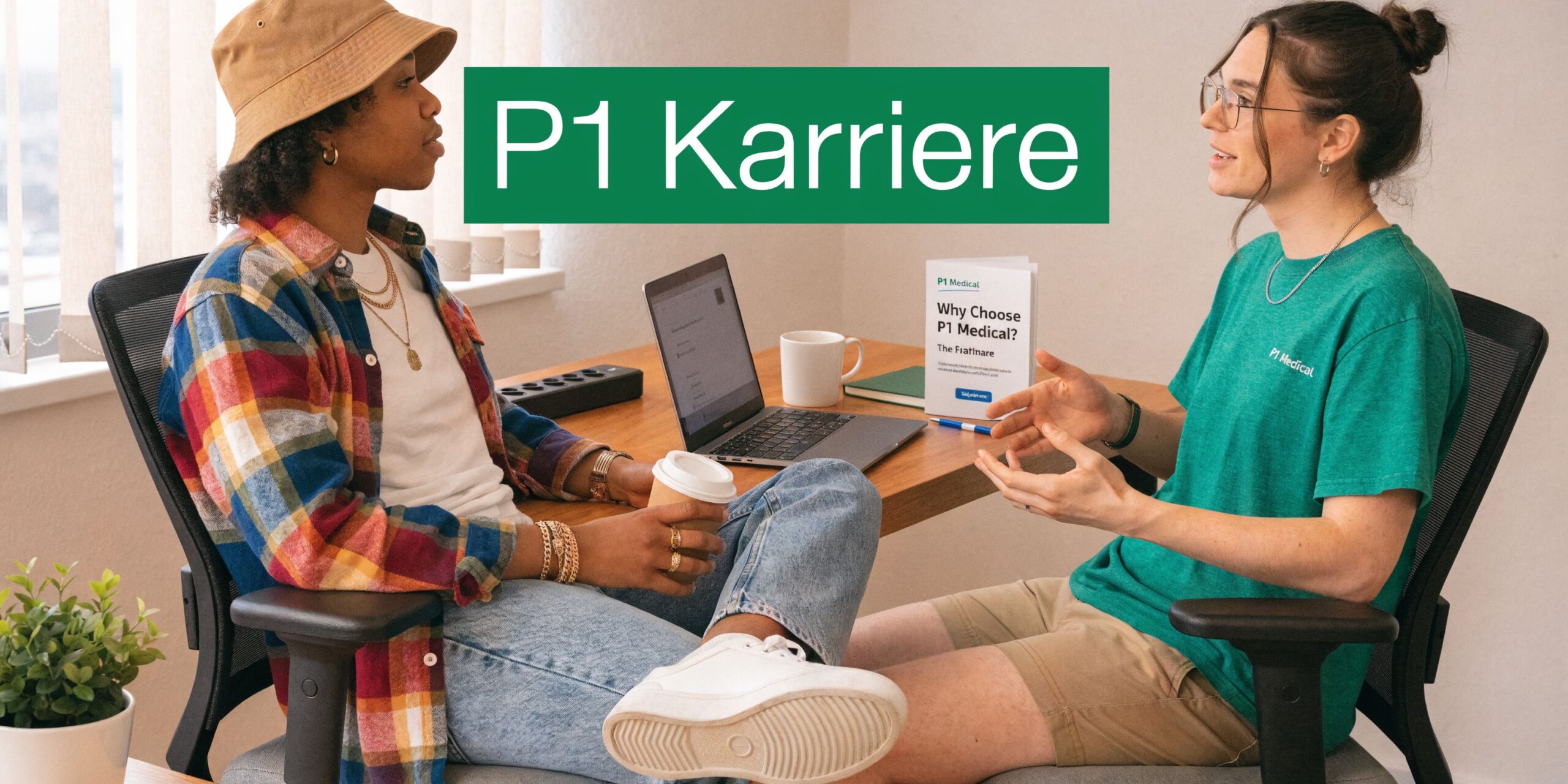 Zwei junge Frauen bei einem ungezwungenen Beratungsgespräch an einem Schreibtisch im Büro der P1 Medical Gruppe.