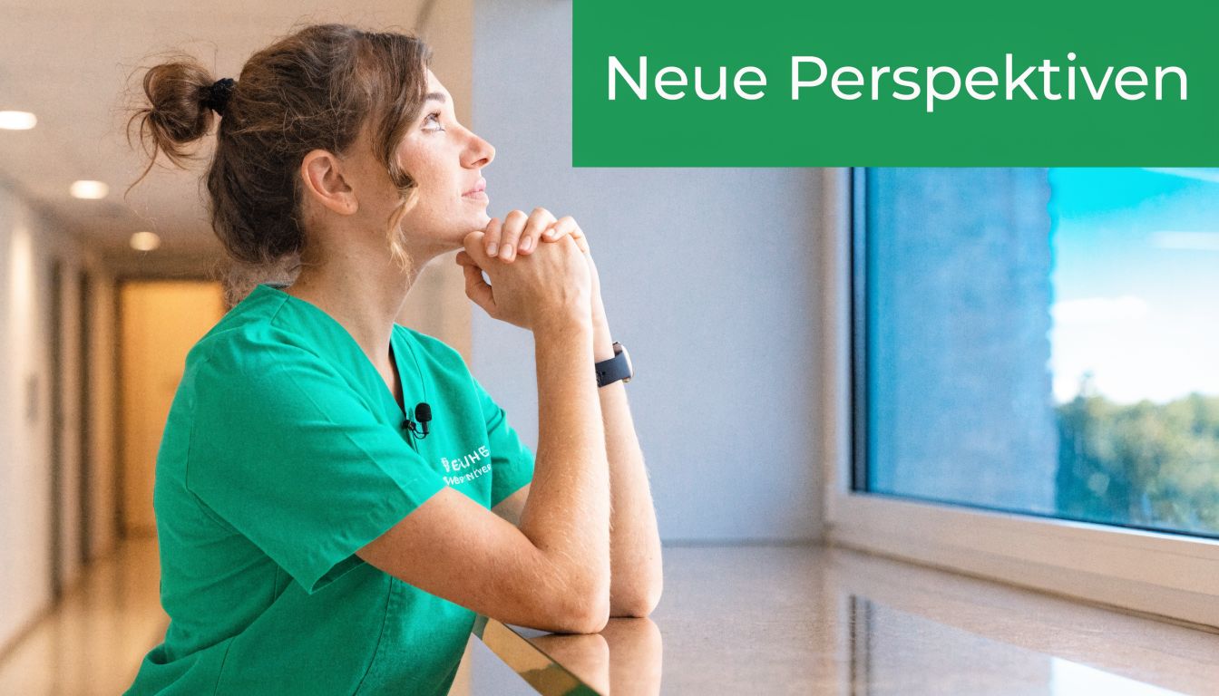 Eine Pflegerin in grüner Arbeitskleidung schaut nachdenklich aus einem Fenster und überlegt sich neue berufliche Perspektiven.