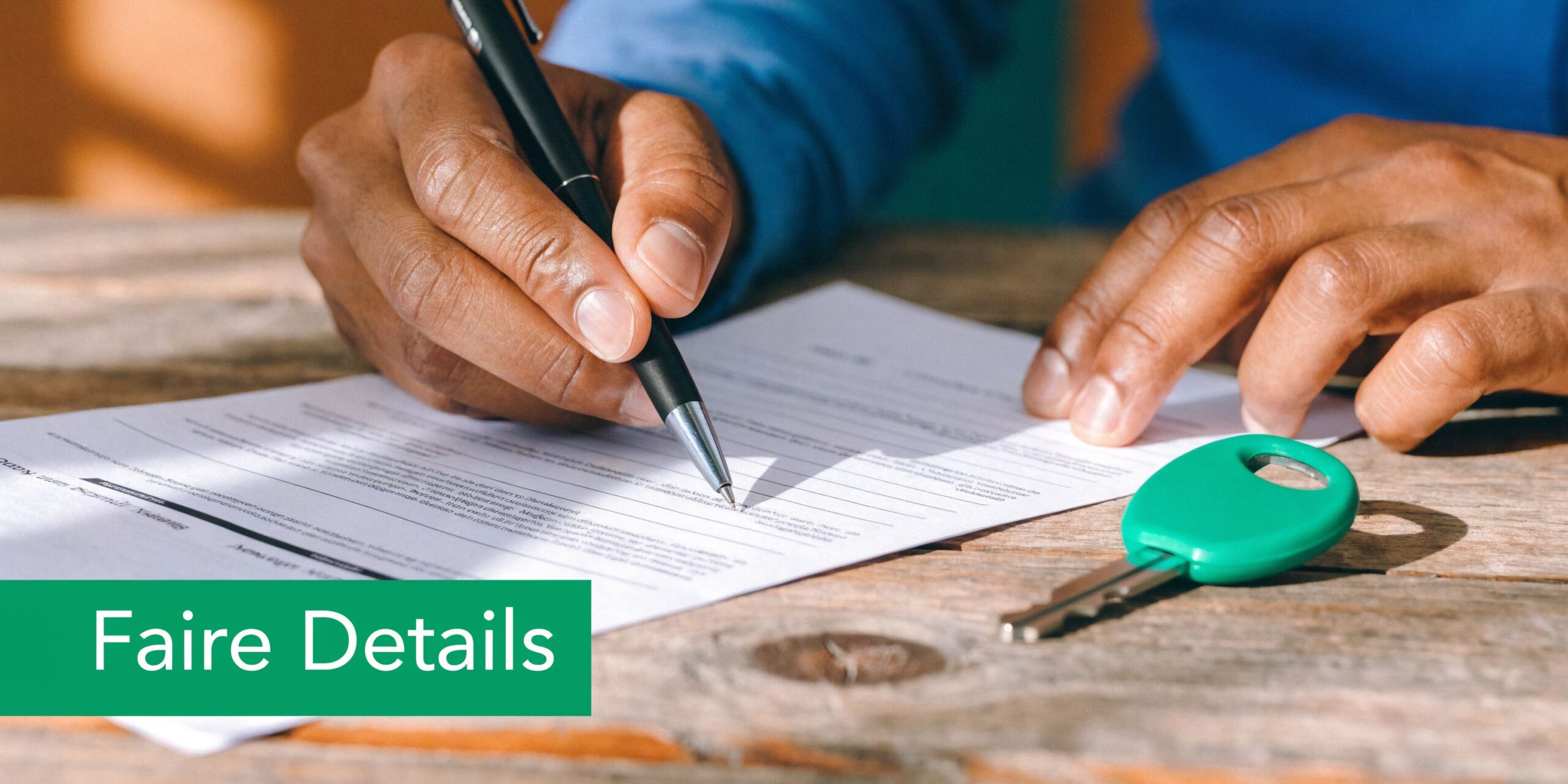 Eine Person füllt ein offizielles Dokument aus, während ein grüner Autoschlüssel auf dem hölzernen Schreibtisch liegt.