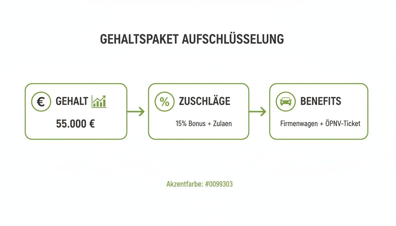 Infografik zur Aufschlüsselung eines Gehaltspakets, inklusive Gehalt, Zuschlägen und Benefits wie Firmenwagen und ÖPNV-Ticket.
