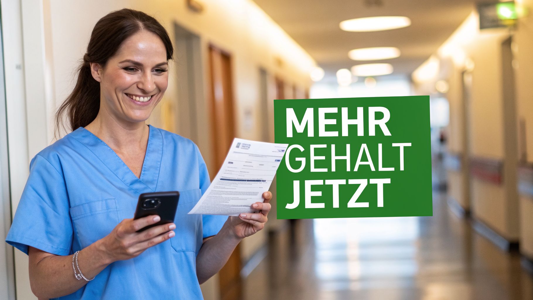 Lächelnde Pflegekraft in OP-Kleidung hält Smartphone und Dokument in einem Krankenhausflur mit "MEHR GEHALT JETZT"-Schild.