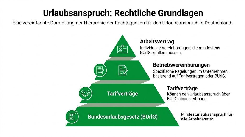 Eine vereinfachte Pyramiden-Darstellung der rechtlichen Hierarchie für den Urlaubsanspruch von Arbeitnehmern in Deutschland.