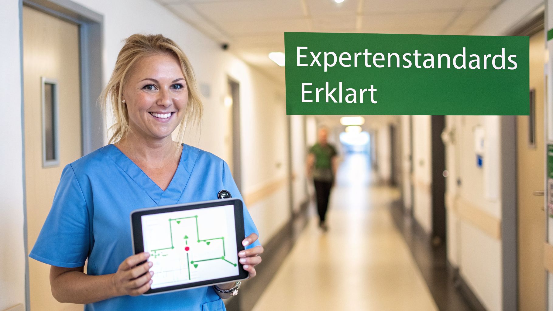 Eine lächelnde Pflegekraft in einem Krankenhausflur hält ein Tablet mit einem Diagramm. Im Hintergrund steht „Expertenstandards Erklärt“.