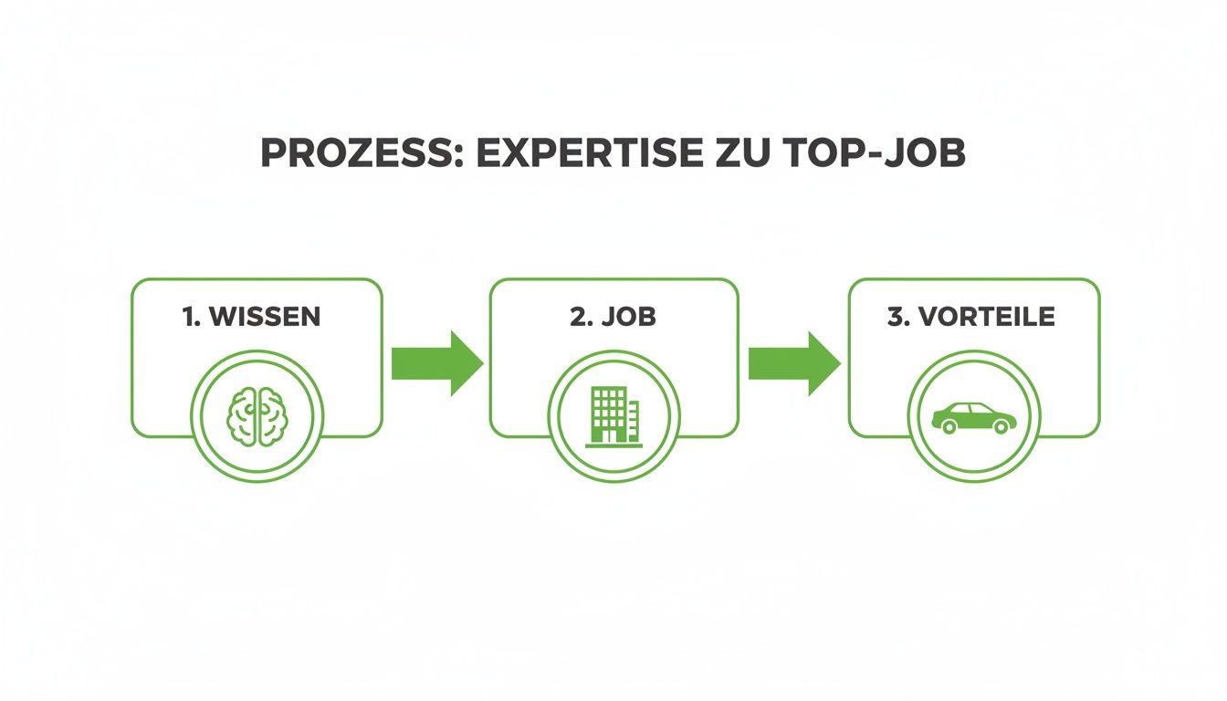 Prozessdiagramm: Expertise führt über Wissen und Job zu Vorteilen, dargestellt mit Gehirn, Gebäude und Auto.