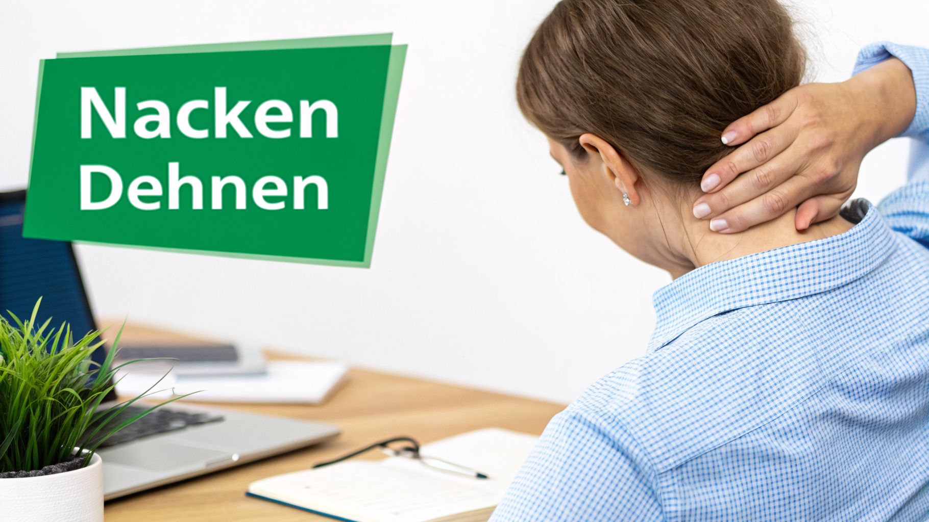 Frau mit Nackenschmerzen hält ihren Nacken, während ein grünes Schild „Nacken Dehnen“ zeigt. Ein Laptop ist im Vordergrund.