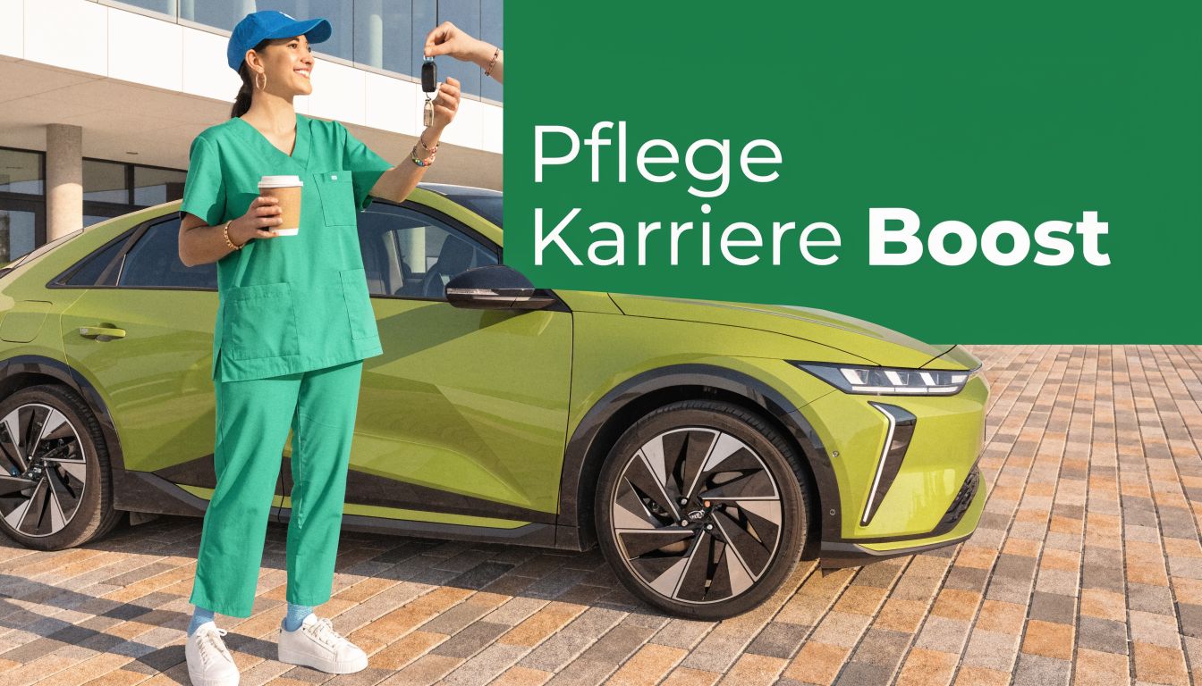 Eine junge Pflegekraft in grüner Arbeitskleidung nimmt freudig den Autoschlüssel für ihren neuen Dienstwagen entgegen.