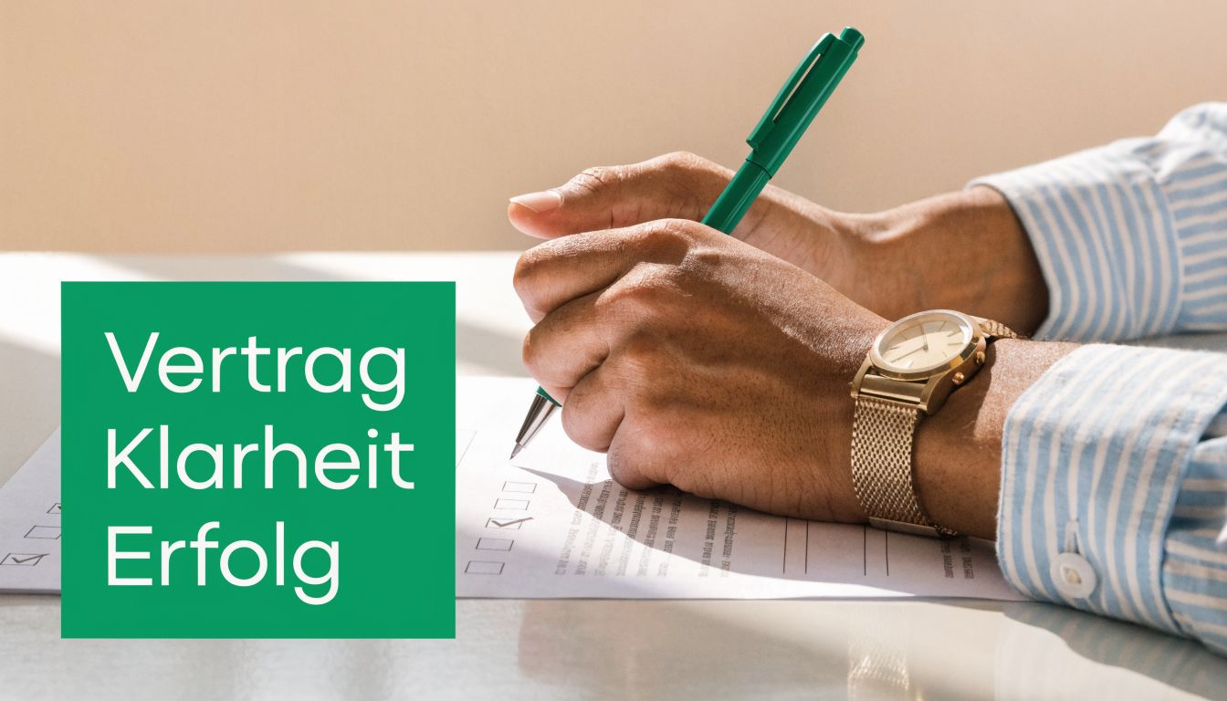 Eine Person unterschreibt einen Vertrag an einem Schreibtisch, während die Begriffe Vertrag, Klarheit und Erfolg dargestellt werden.