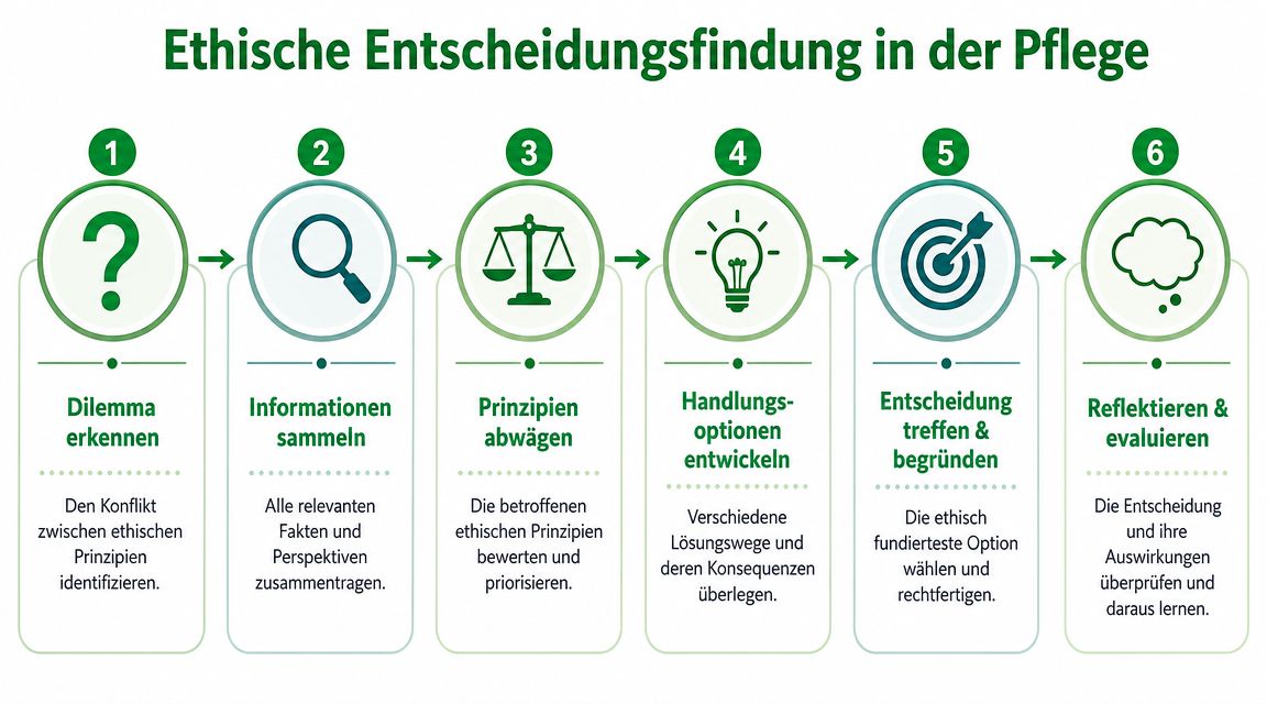 Grafische Darstellung der sechs Schritte zur ethischen Entscheidungsfindung in der Pflege mit erklärenden Texten unter den Symbolen.
