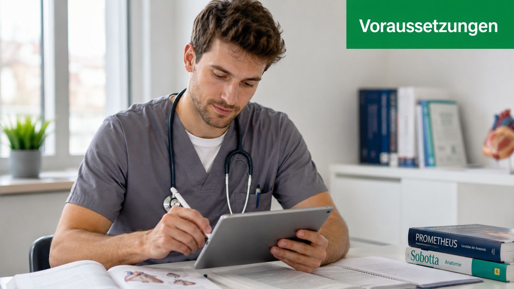 Ein junger Medizinstudent mit Stethoskop lernt konzentriert an einem Tablet und verschiedenen Fachbüchern in einer Praxis.