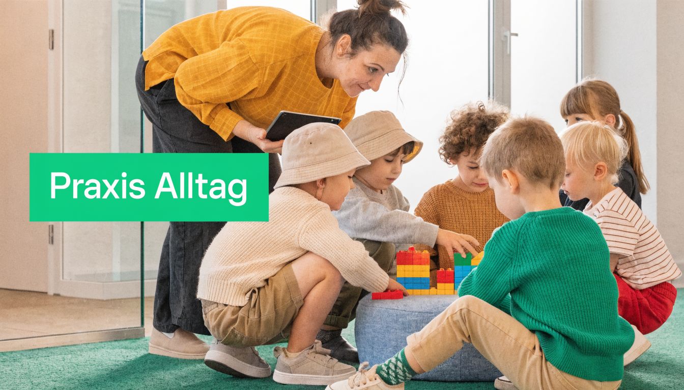 Eine Pädagogin beobachtet Kinder in einer Kindertagesstätte, die gemeinsam mit bunten Bausteinen auf dem Boden spielen.