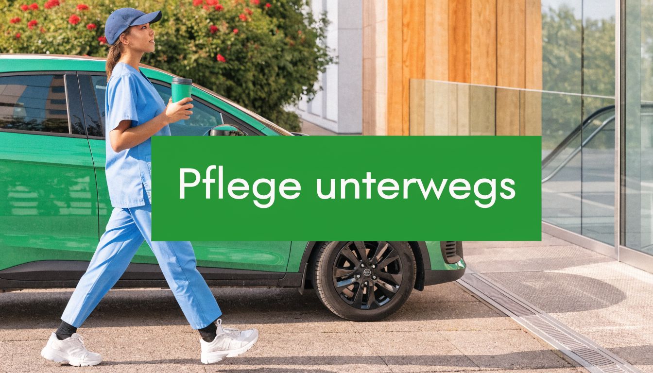 Eine Pflegekraft in blauer Arbeitskleidung geht mit einem Kaffeebecher an einem grünen Auto vorbei.