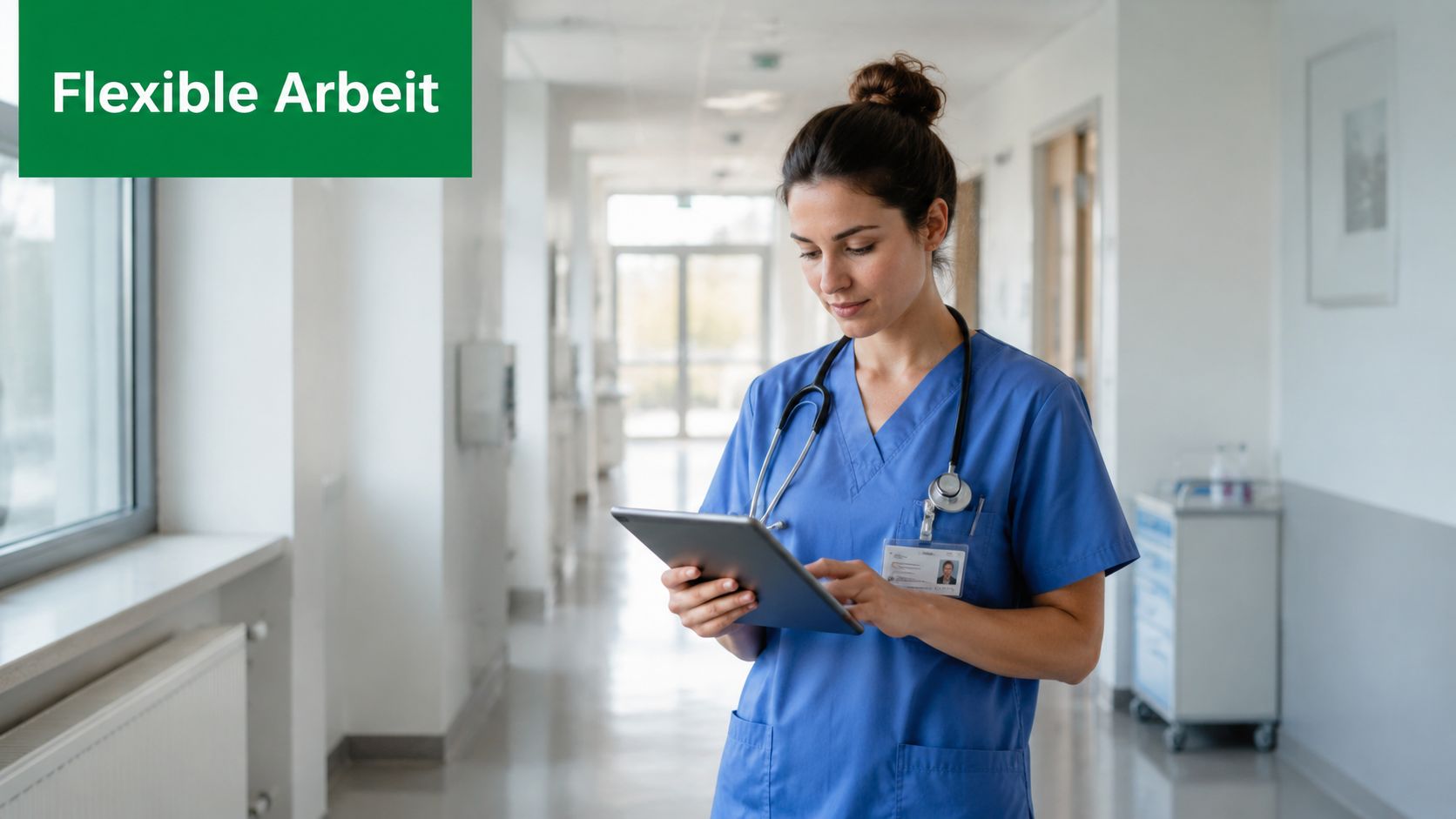 Eine Krankenschwester in blauer Arbeitskleidung steht im Krankenhausflur und betrachtet konzentriert Informationen auf einem Tablet-Computer.