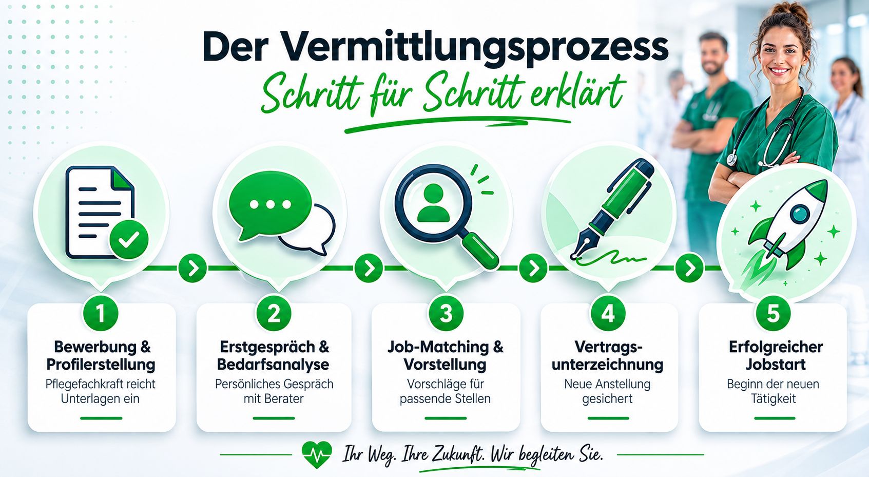 Grafik zur Erklärung des fünfstufigen Vermittlungsprozesses für Pflegekräfte, vom Bewerbungseingang bis zum erfolgreichen Start im neuen Job.