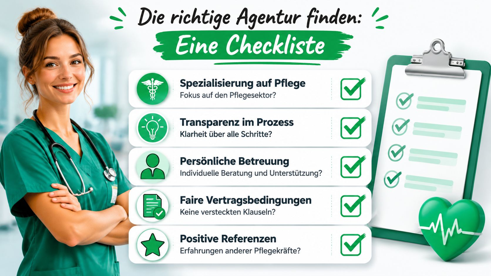 Eine Pflegerin neben einer Checkliste mit Kriterien für die Auswahl der richtigen Personalvermittlung für Pflegekräfte.