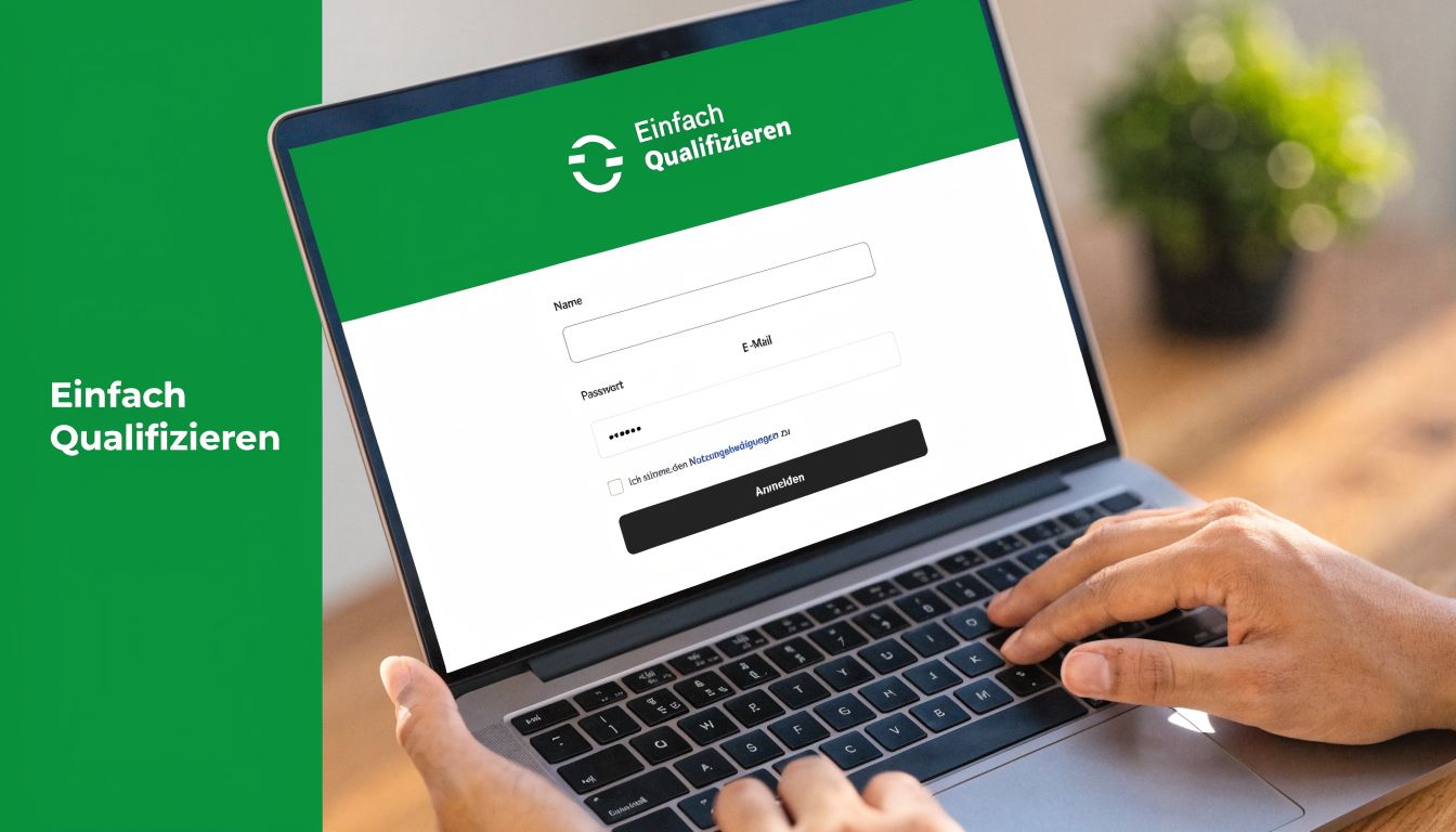 Ein Laptop zeigt die Anmeldeseite der Plattform Einfach Qualifizieren mit Feldern für Name, E-Mail und Passwort.