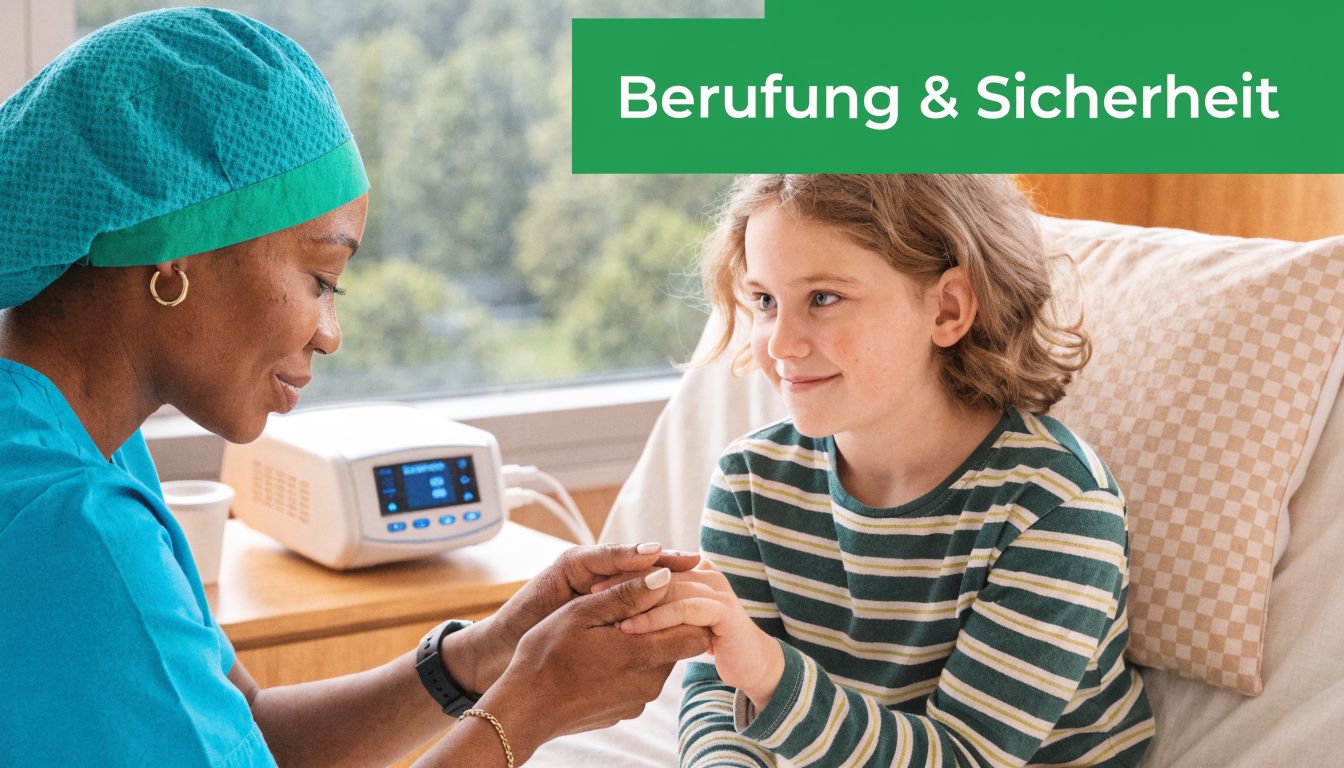 Eine fürsorgliche Kinderkrankenschwester hält sanft die Hände eines jungen Patienten in einem Krankenhausbett.