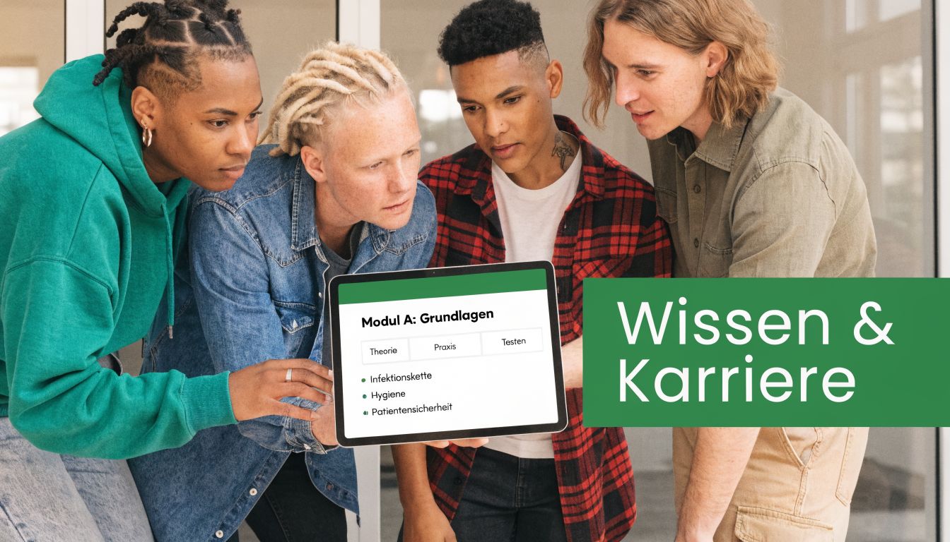 Eine Gruppe junger Menschen betrachtet gemeinsam einen Tablet-Bildschirm mit Informationen zu medizinischen Modulen und Weiterbildungsthemen.