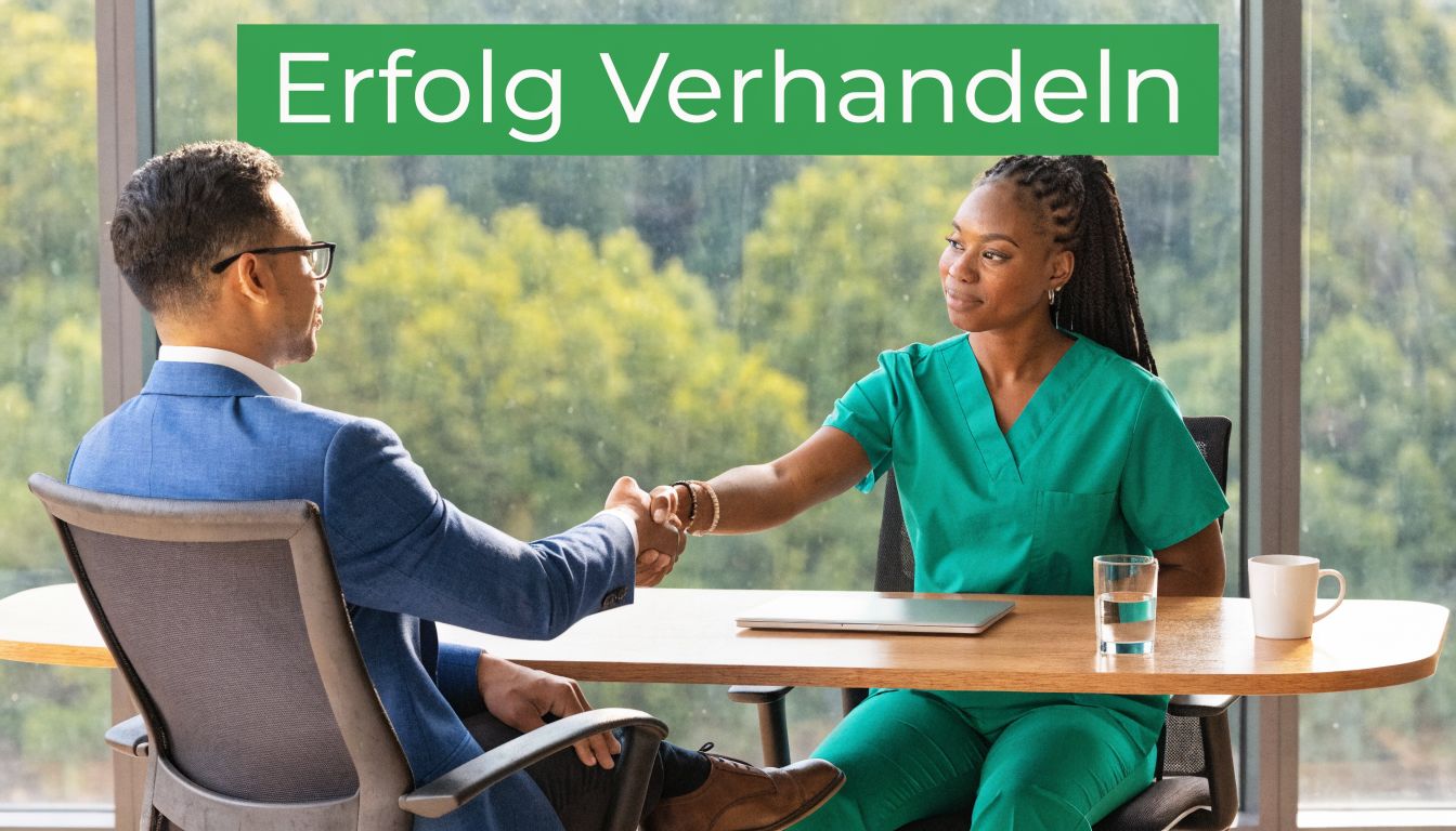Ein Mann im Anzug und eine medizinische Fachkraft schütteln sich bei einem erfolgreichen beruflichen Gespräch die Hände.
