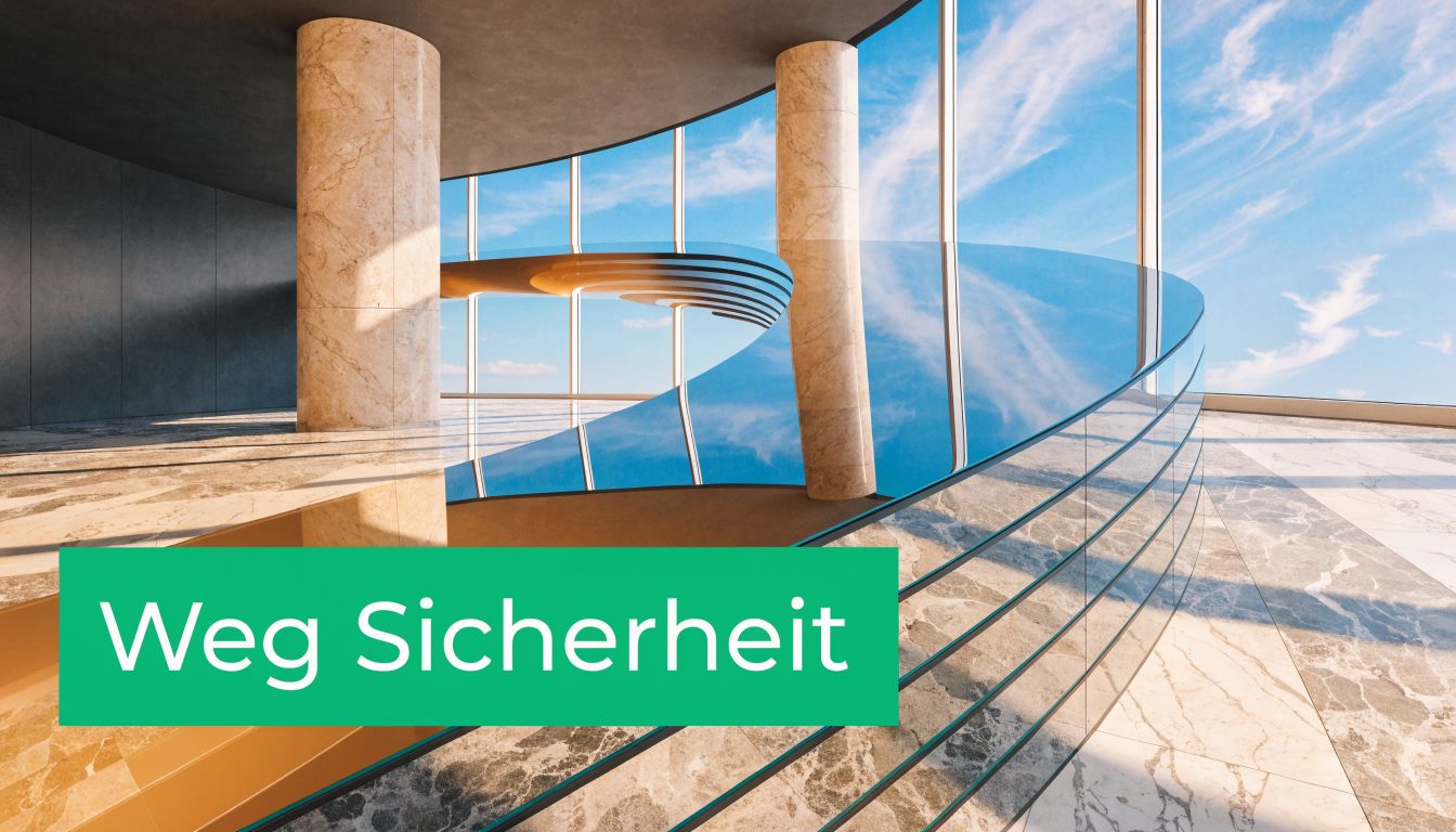 Ein moderner, luxuriöser Innenraum mit glänzenden Marmorböden, runden Säulen und einem atemberaubenden Blick in den wolkenlosen Himmel.