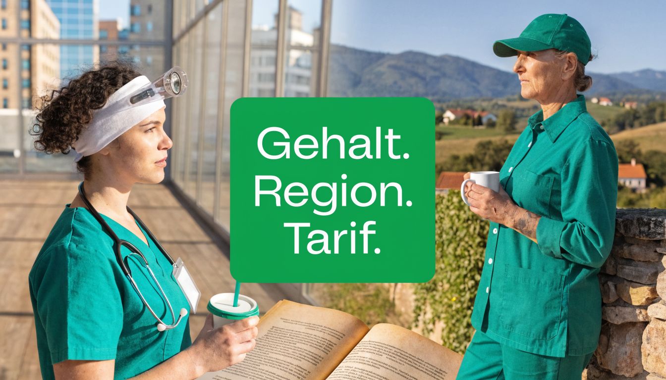 Zwei medizinische Fachkräfte im grünen Arbeitsoutfit unterhalten sich auf einer Terrasse bei sonnigem Wetter.