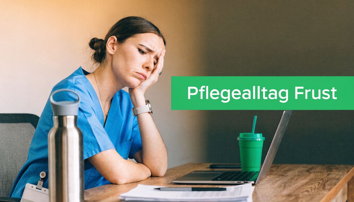 Eine erschöpfte Krankenschwester in blauer Arbeitskleidung sitzt gestresst vor einem Laptop am Schreibtisch im Büro.