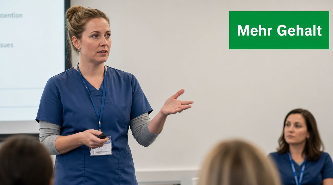 Eine examinierte Krankenschwester hält vor Kollegen eine Präsentation über Themen zum Gehalt im medizinischen Bereich.
